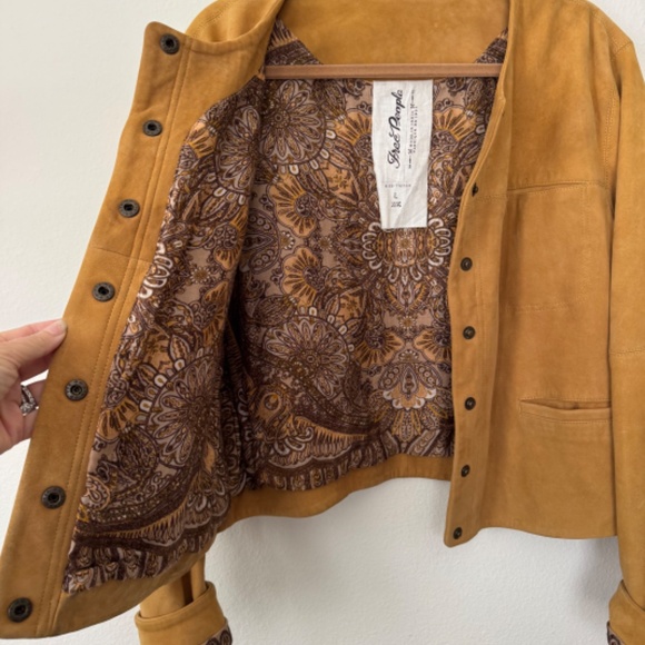 Free People Collarless Saddle Stitch Suede Leather Jacket Camel L - Picture 7 of 8